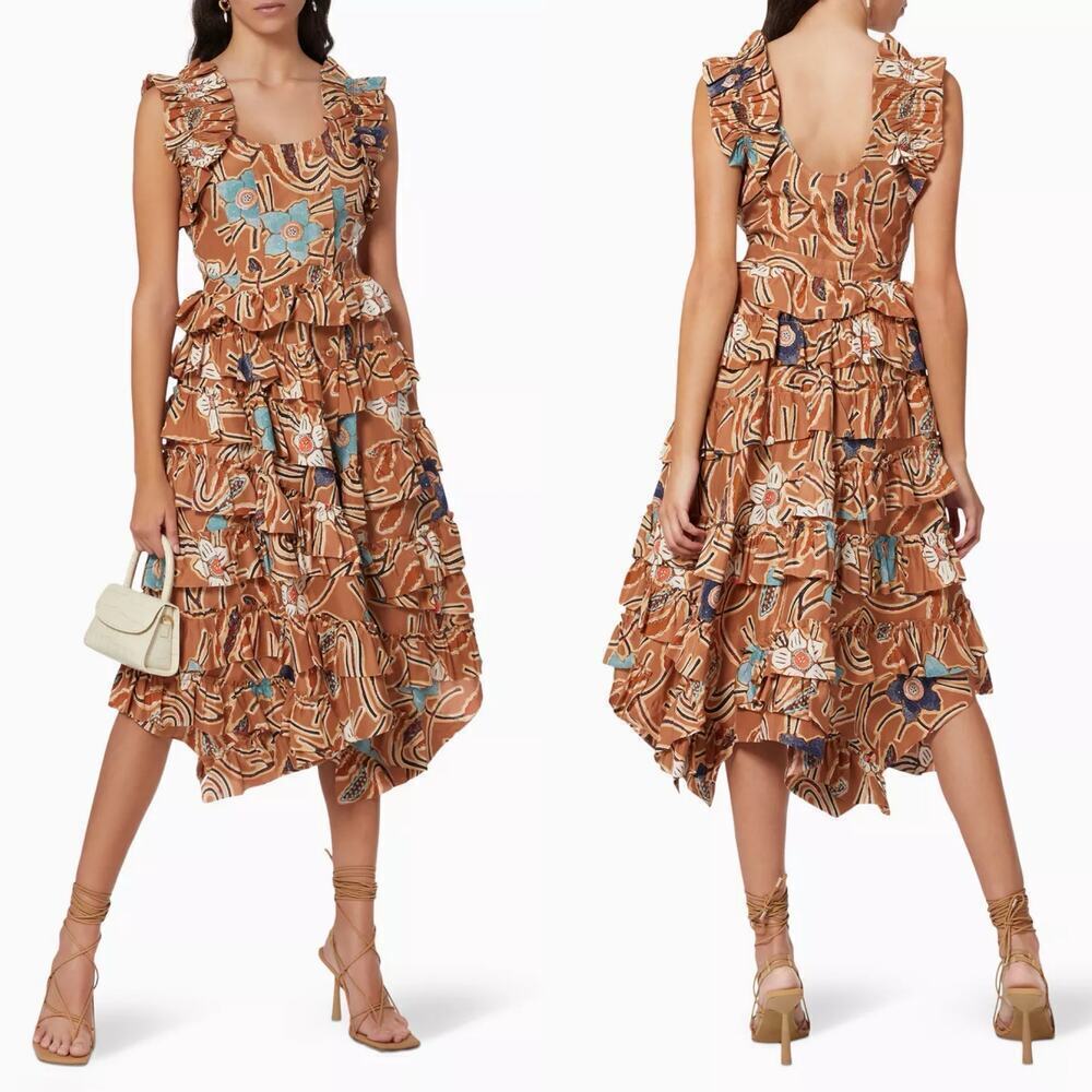 Ulla Johnson Nia Midi Dress in Copper Floral Ruffle Tiered Skirt Size 0/XS